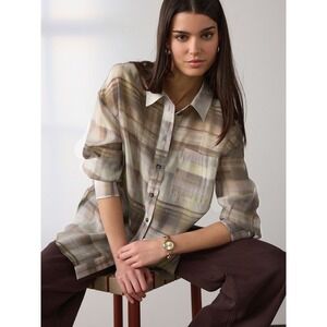 NEXT Women Sheer Plaid Button Down Blouse Tencel Blend Olive Tan US 14 NEW